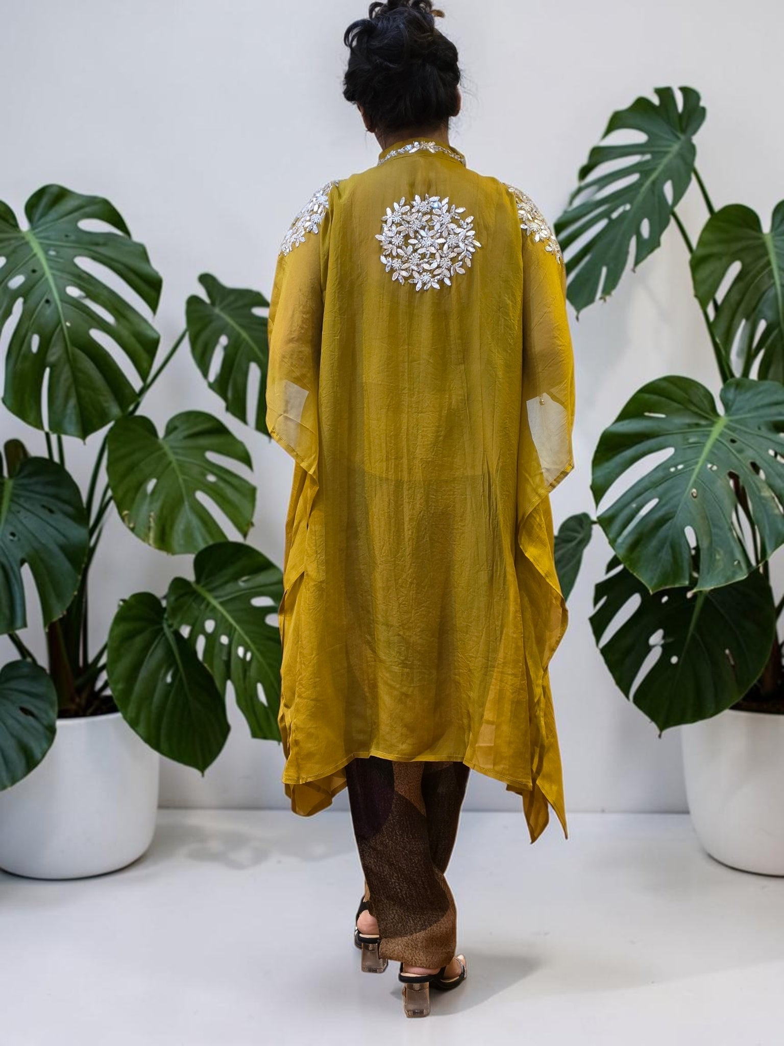 Premium Olive Organza Gotta Patti Kaftan & Crepe Pant Set (FREE SIZE CAN FIT TO L, XL, XXL))