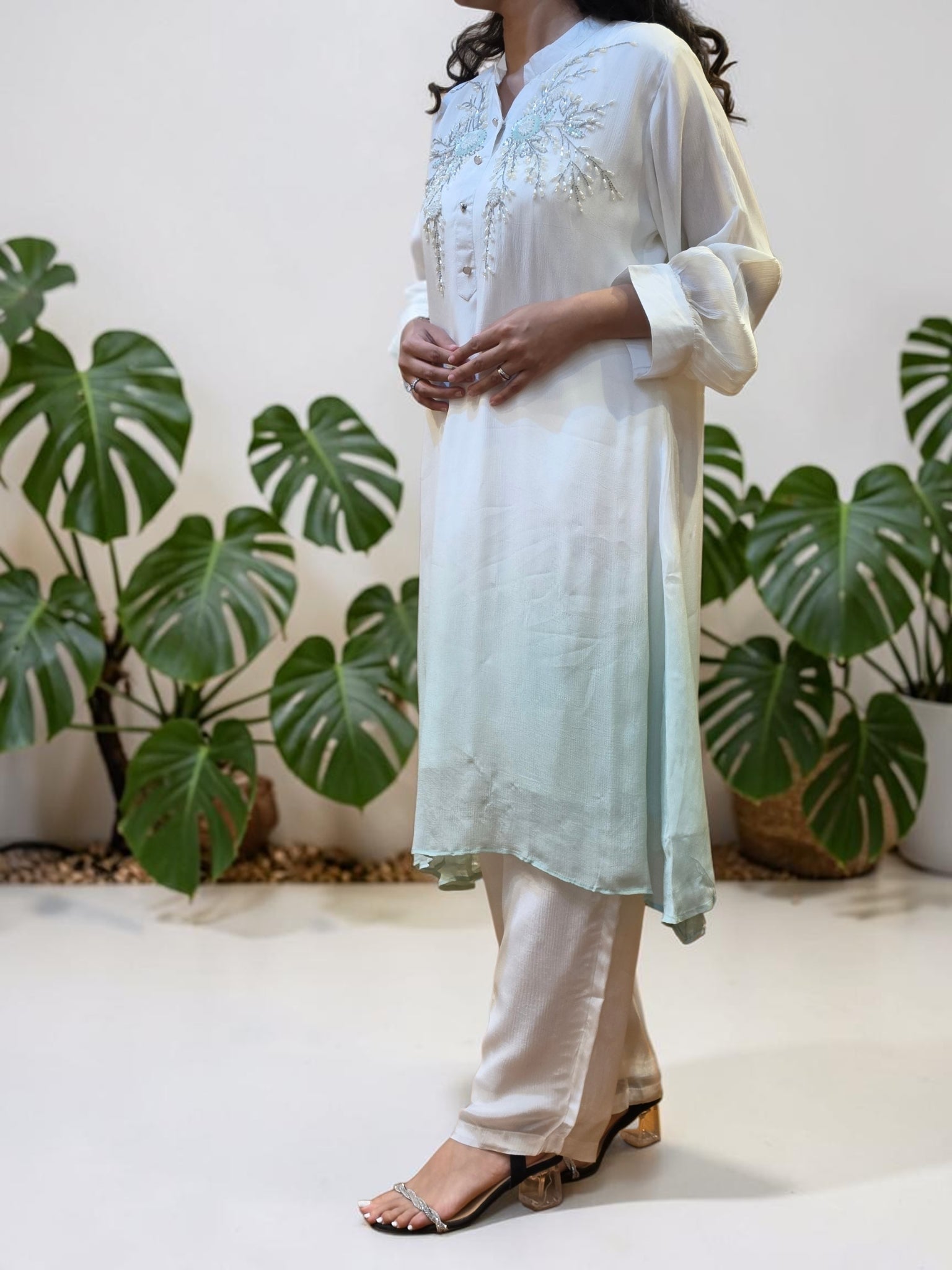 Ethereal Ivory & Mint Ombre Embellished Co-Ord Set