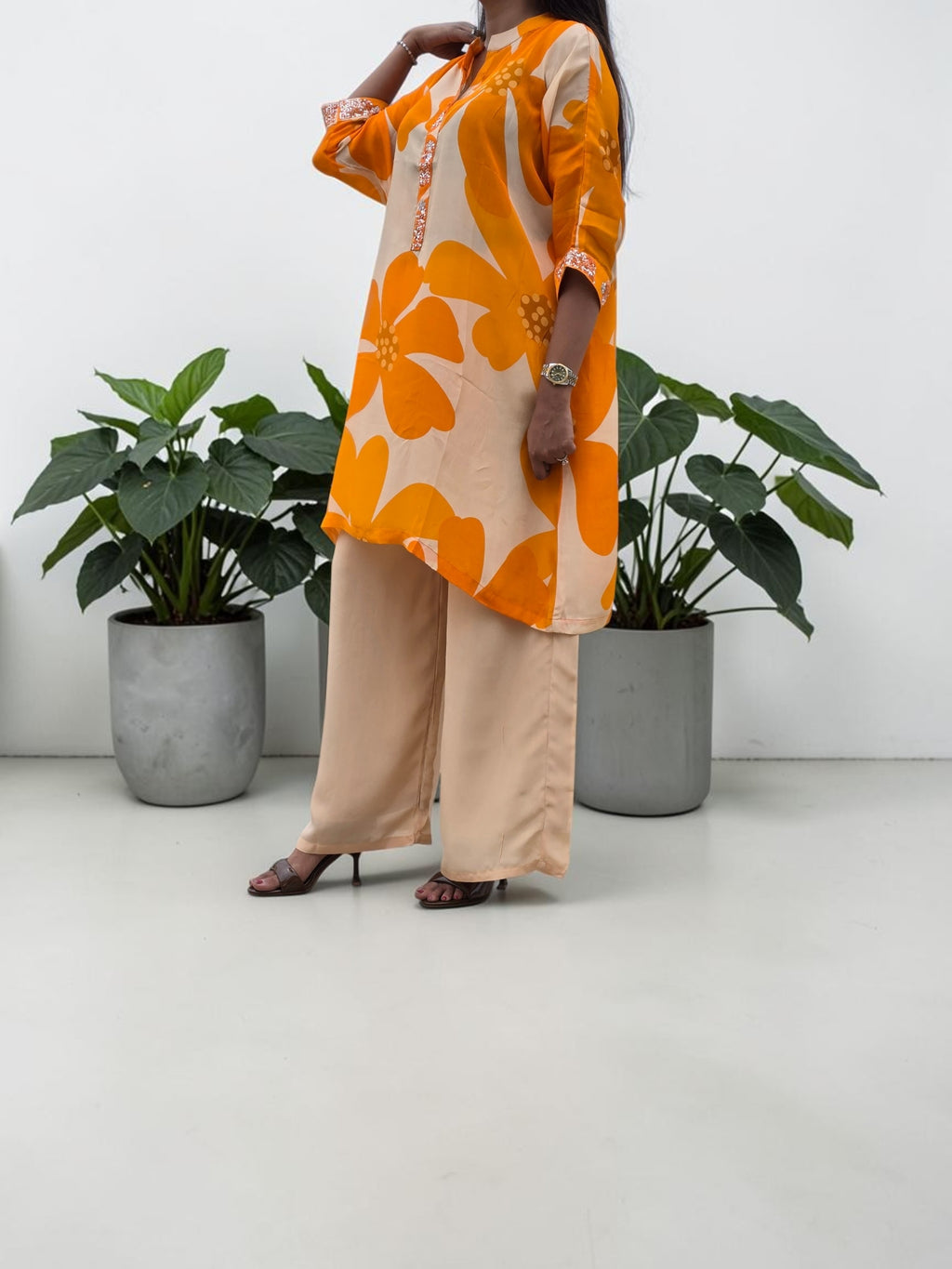 Vibrant Citrus Floral Crepe Tunic & Palazzo Set