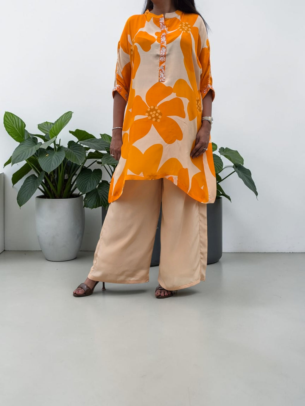Vibrant Citrus Floral Crepe Tunic & Palazzo Set