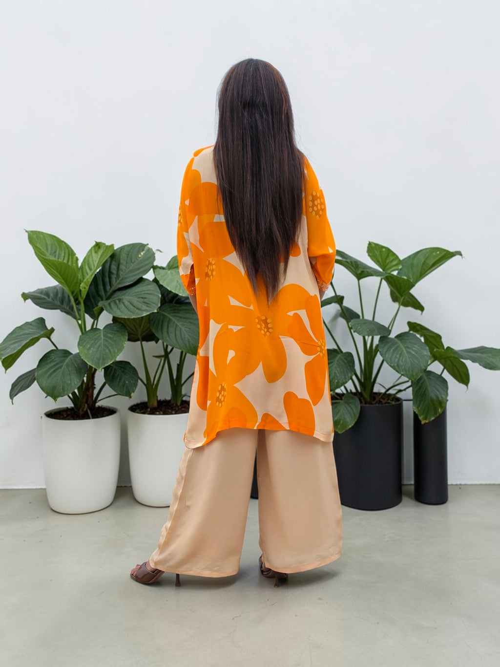 Vibrant Citrus Floral Crepe Tunic & Palazzo Set