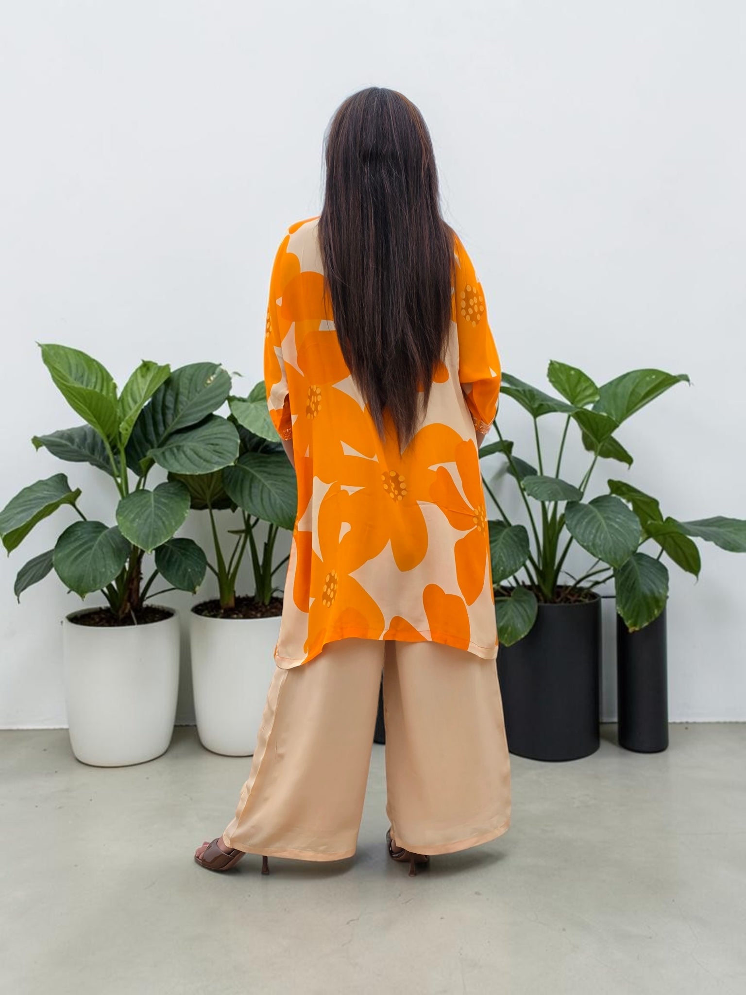 Vibrant Citrus Floral Crepe Tunic & Palazzo Set