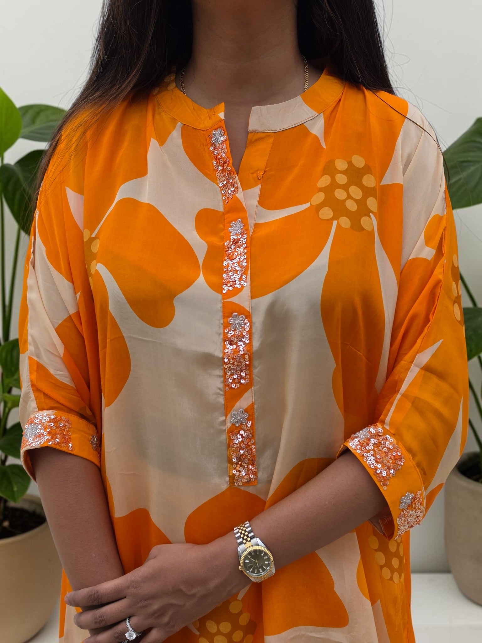 Vibrant Citrus Floral Crepe Tunic & Palazzo Set