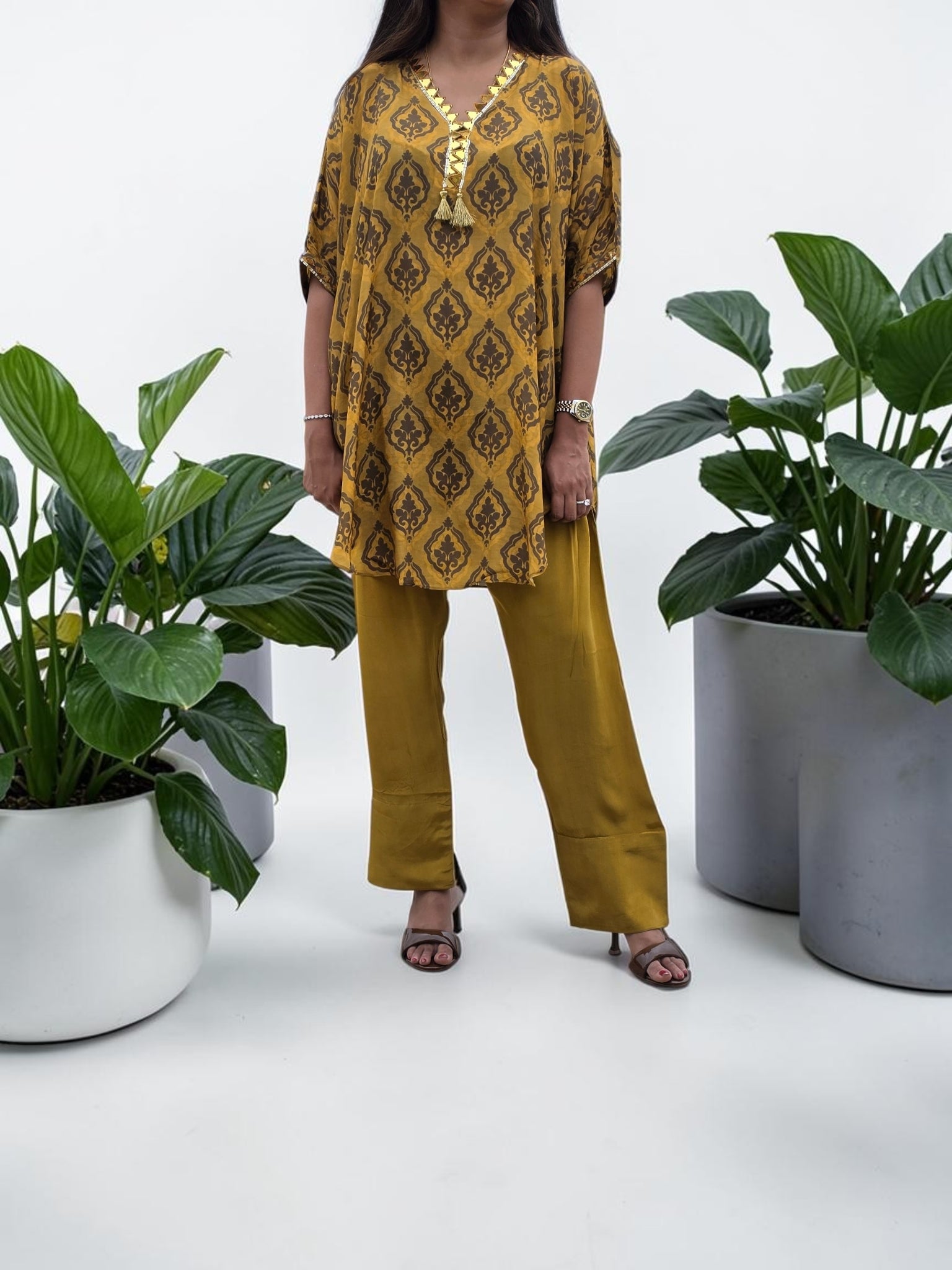 Royal Mustard Motif Crepe Tunic & Farshi Salwar Set