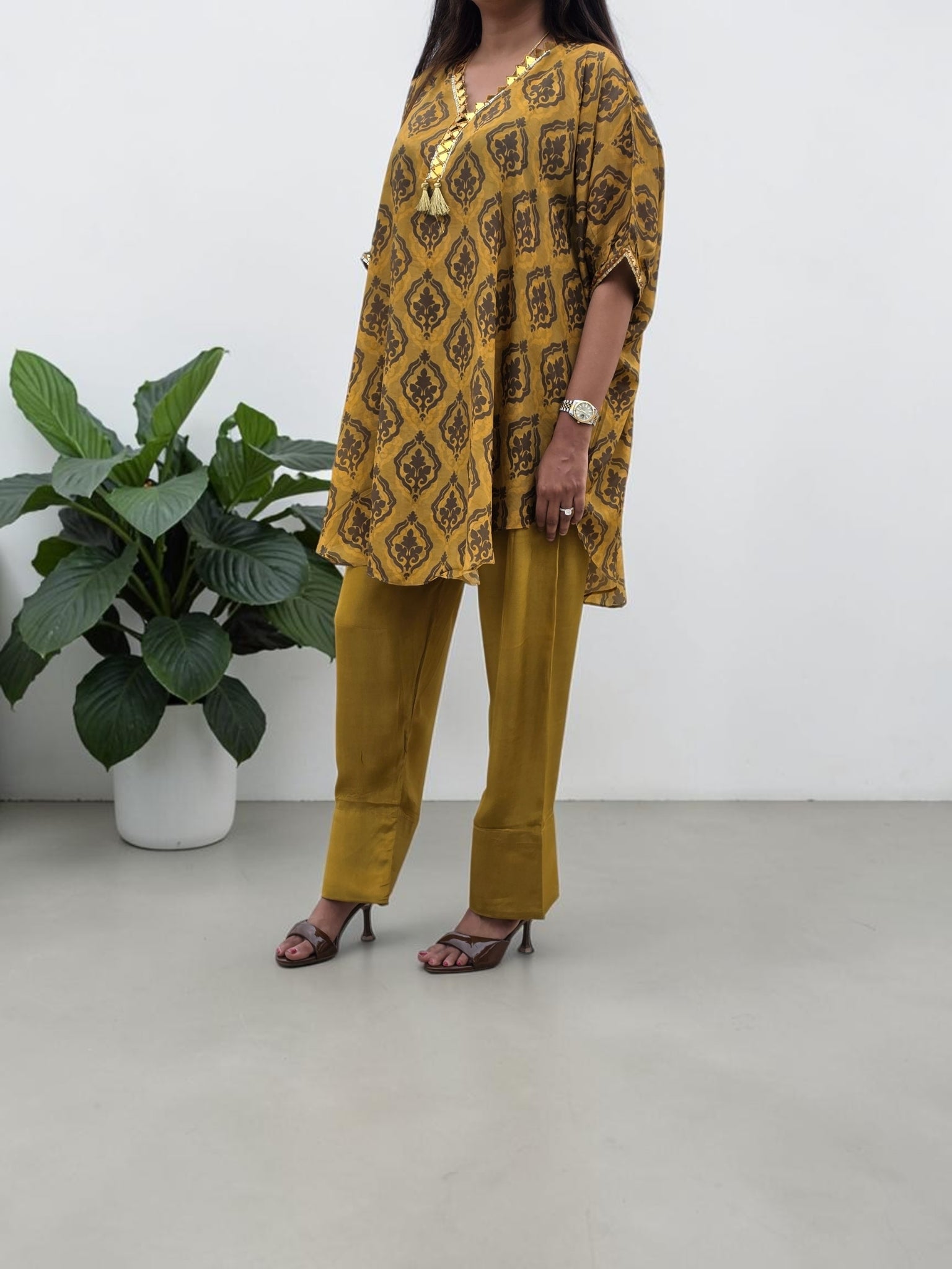 Royal Mustard Motif Crepe Tunic & Farshi Salwar Set
