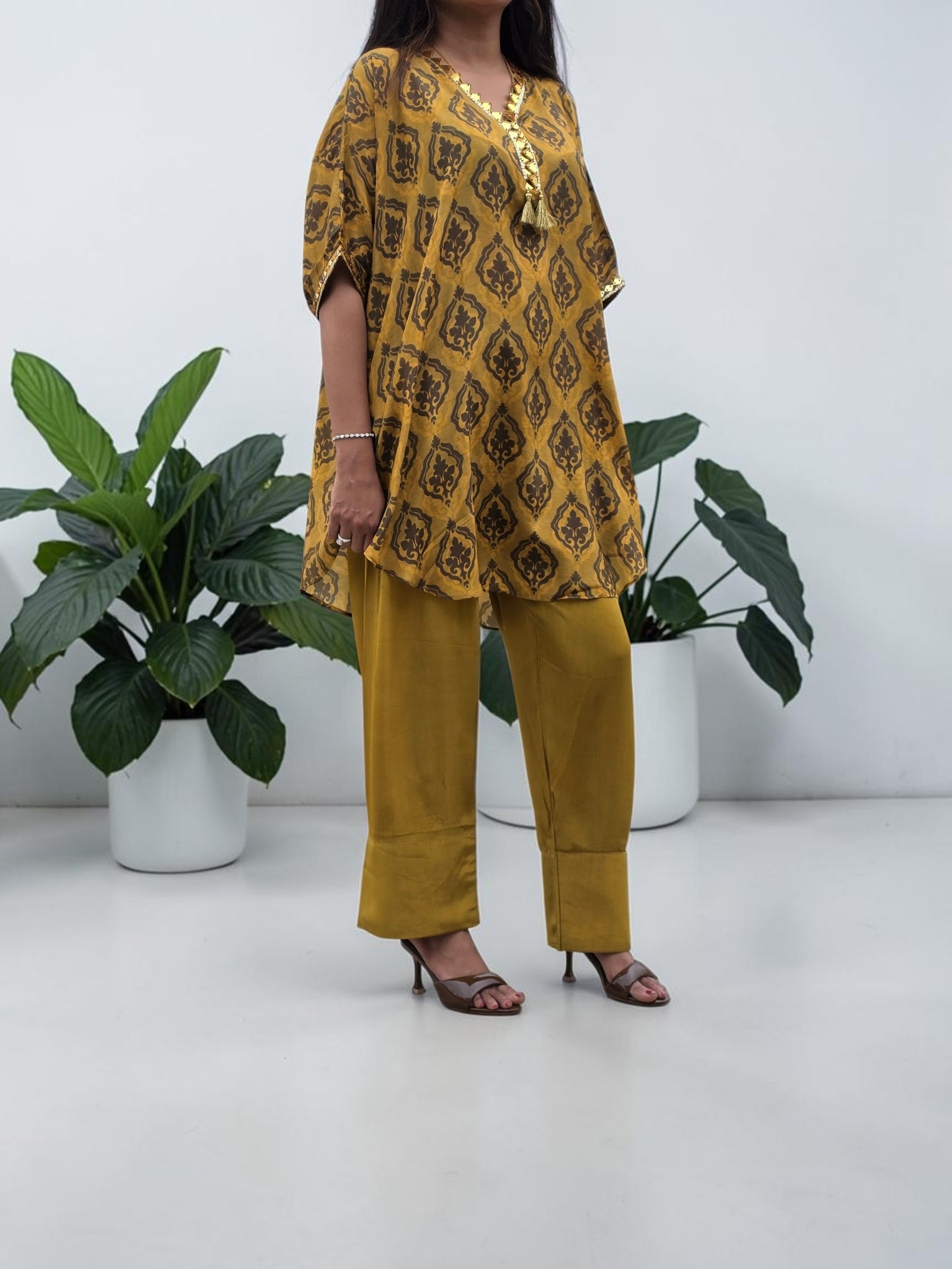 Royal Mustard Motif Crepe Tunic & Farshi Salwar Set