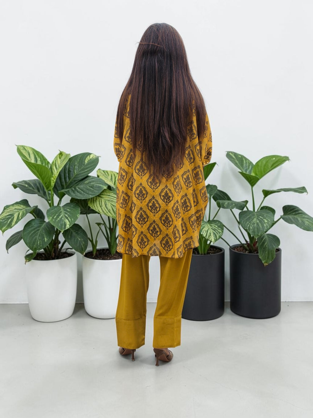 Royal Mustard Motif Crepe Tunic & Farshi Salwar Set