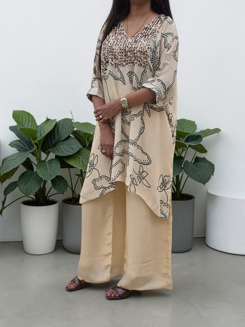 Champagne Abstract Floral Crepe Tunic & Palazzo Set