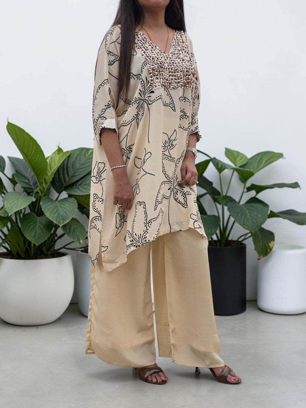 Champagne Abstract Floral Crepe Tunic & Palazzo Set