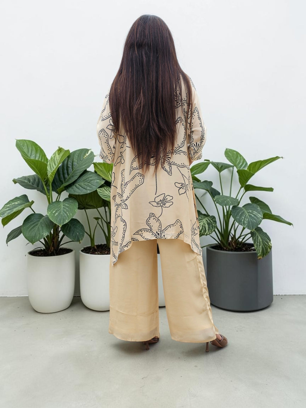 Champagne Abstract Floral Crepe Tunic & Palazzo Set