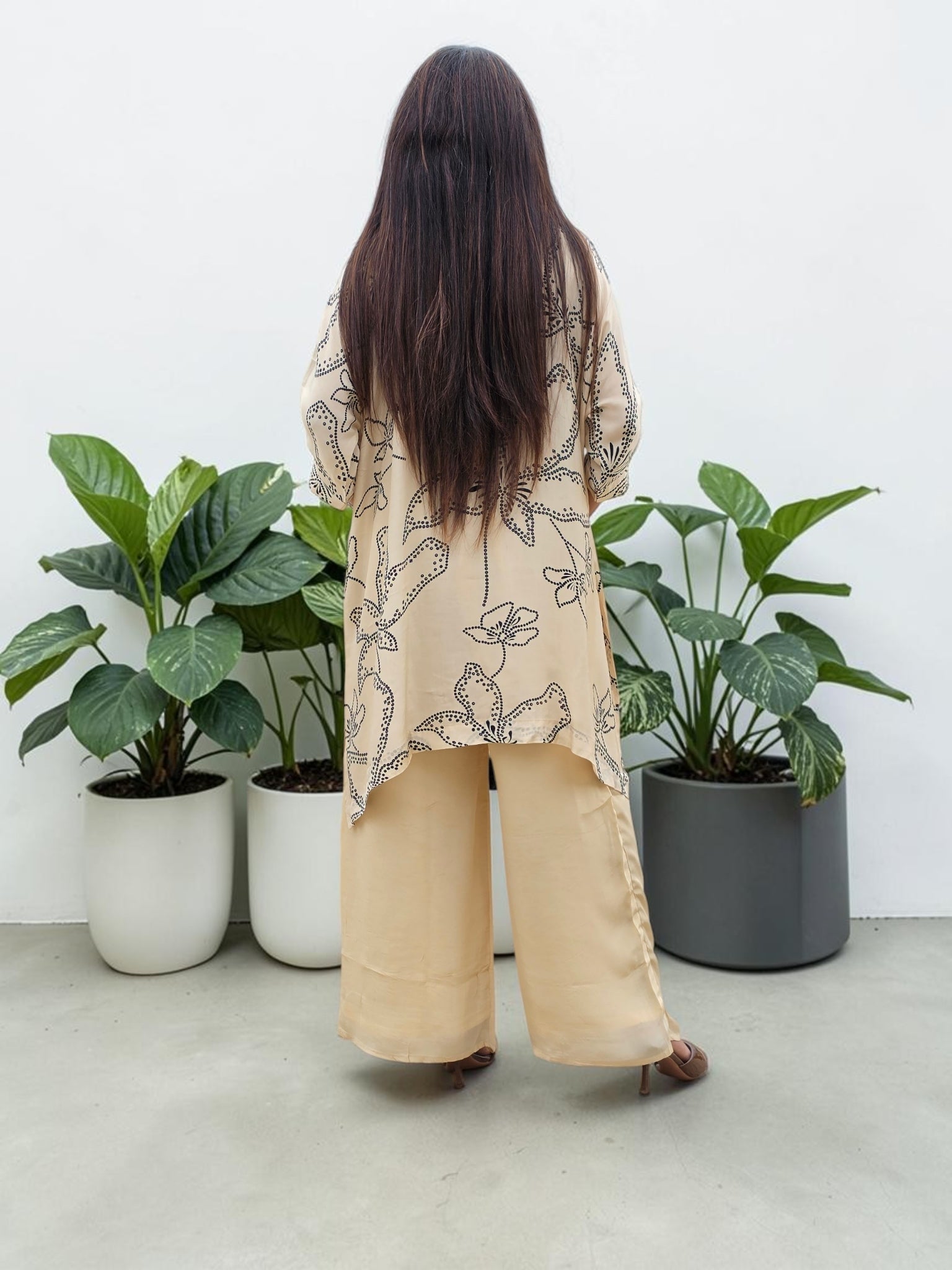 Champagne Abstract Floral Crepe Tunic & Palazzo Set