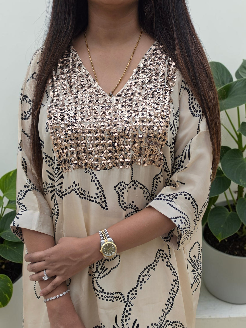 Champagne Abstract Floral Crepe Tunic & Palazzo Set