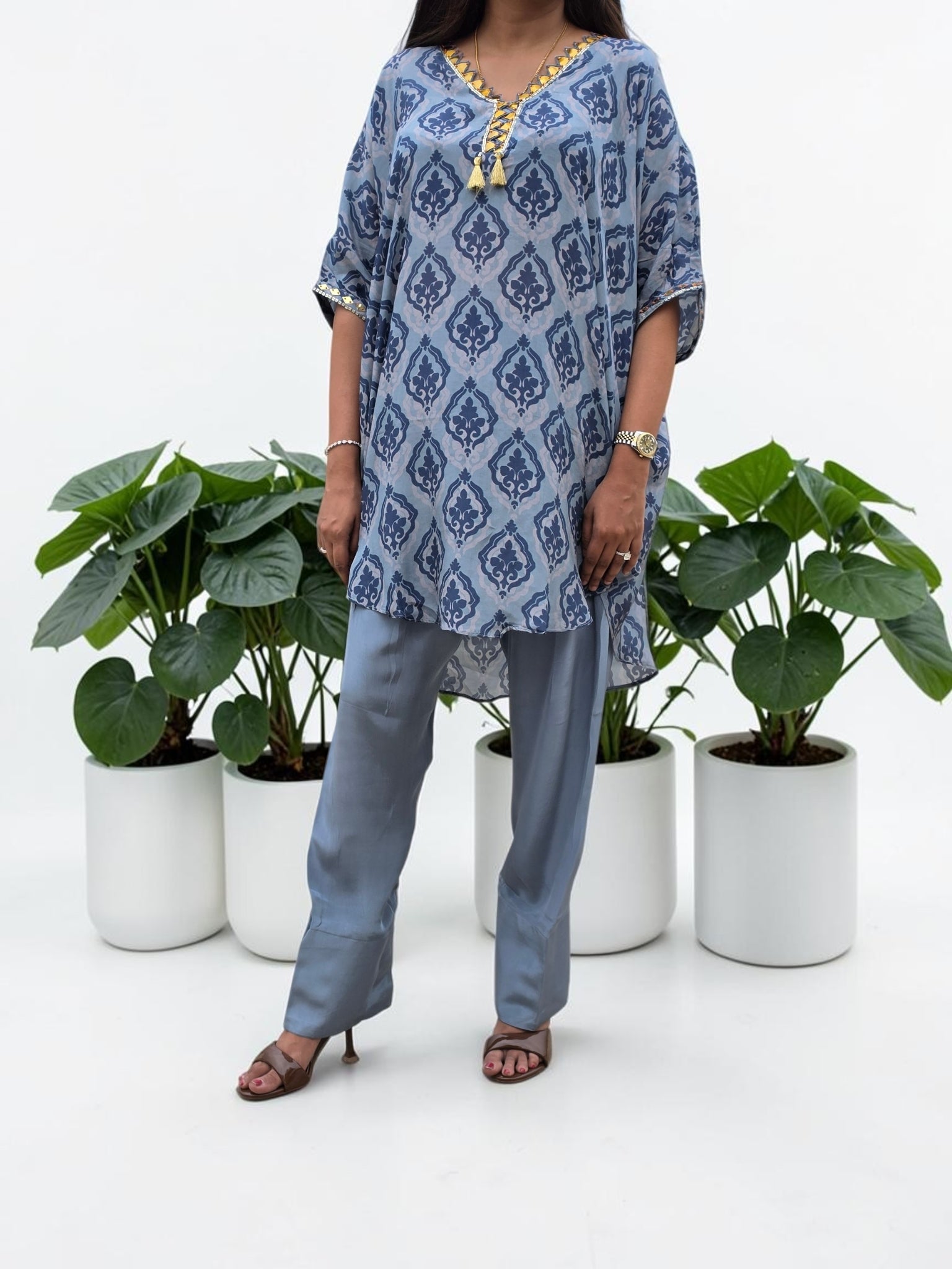 Dusty Blue Damask Crepe Tunic & Farshi Salwar Set