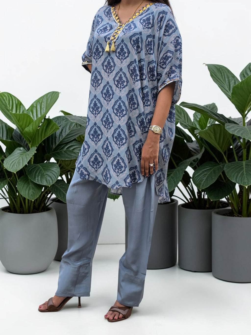 Dusty Blue Damask Crepe Tunic & Farshi Salwar Set