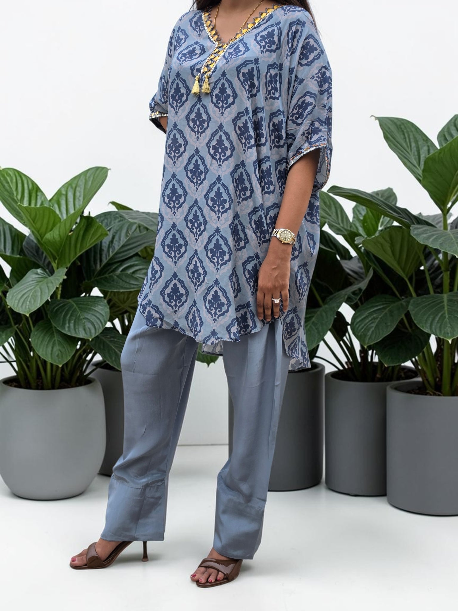 Dusty Blue Damask Crepe Tunic & Farshi Salwar Set