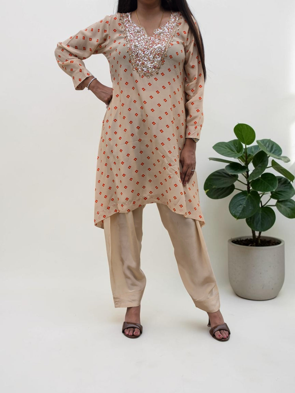 Champagne Micro-Floral Crepe Tunic & Farshi Salwar Set