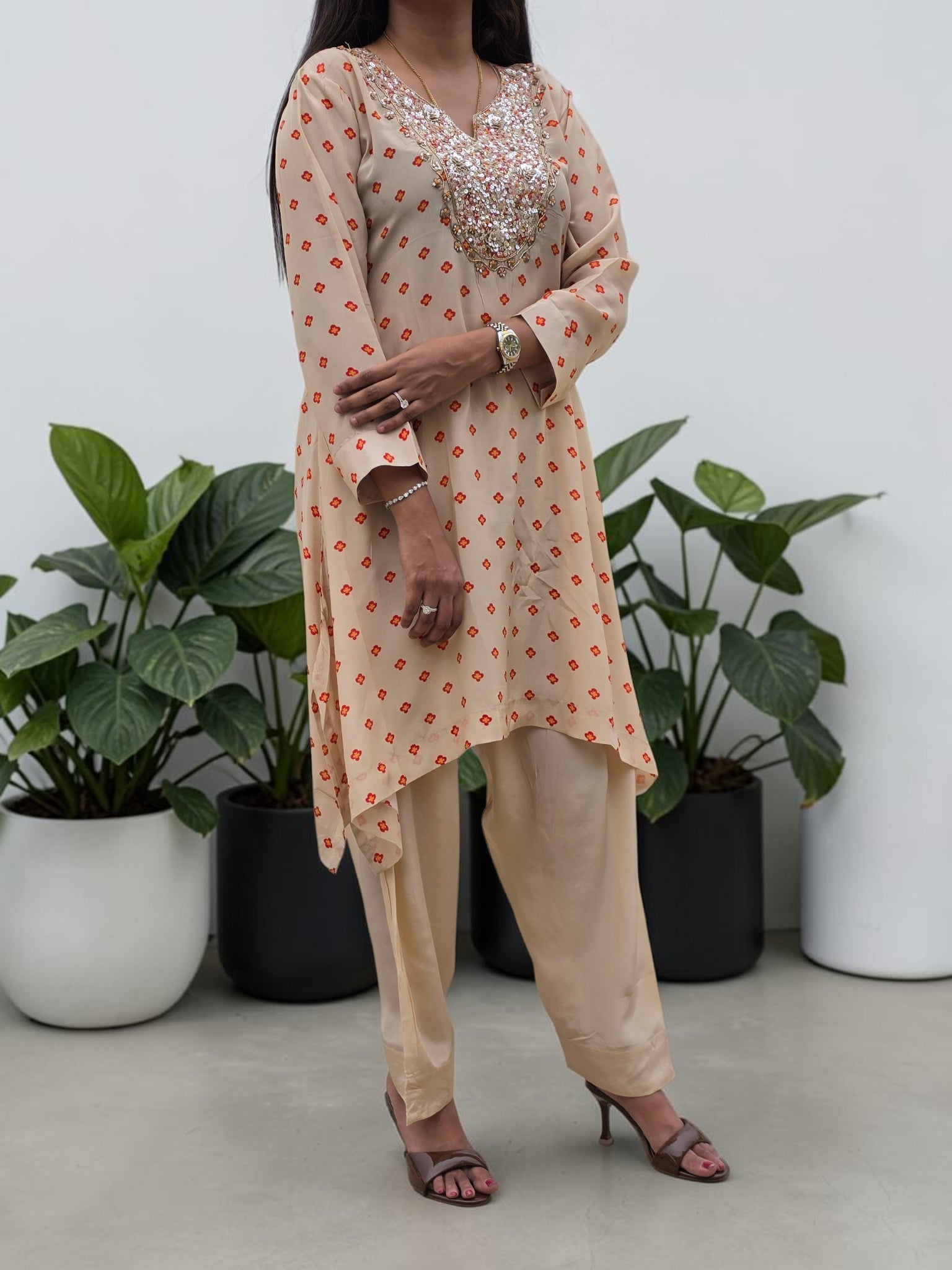 Champagne Micro-Floral Crepe Tunic & Farshi Salwar Set