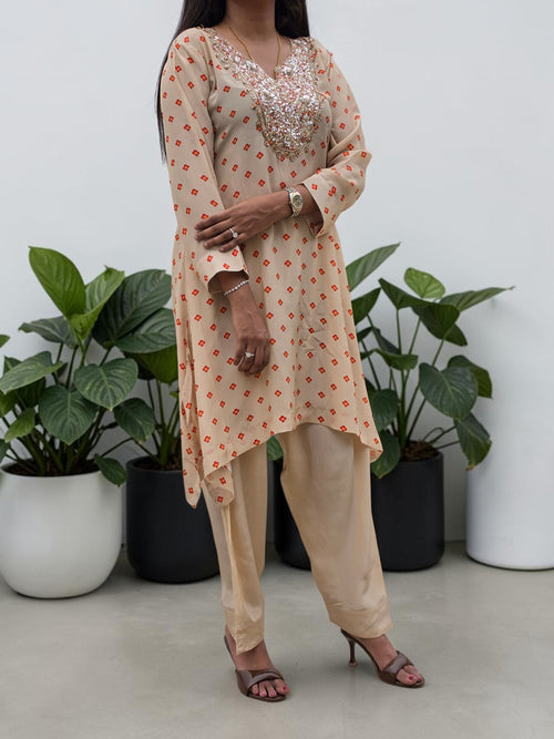 Champagne Micro-Floral Crepe Tunic & Farshi Salwar Set