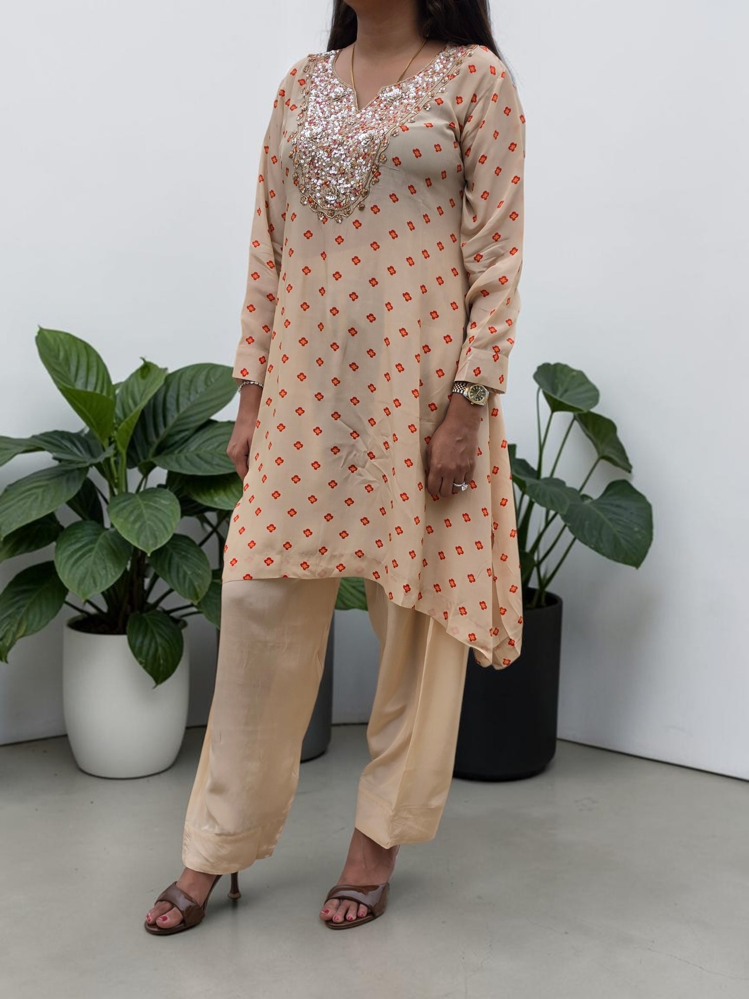 Champagne Micro-Floral Crepe Tunic & Farshi Salwar Set