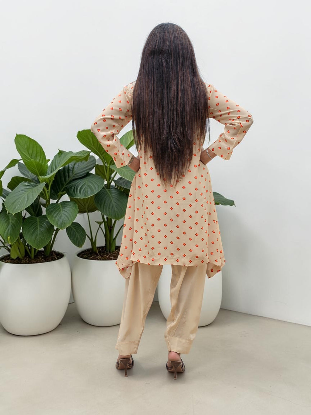 Champagne Micro-Floral Crepe Tunic & Farshi Salwar Set
