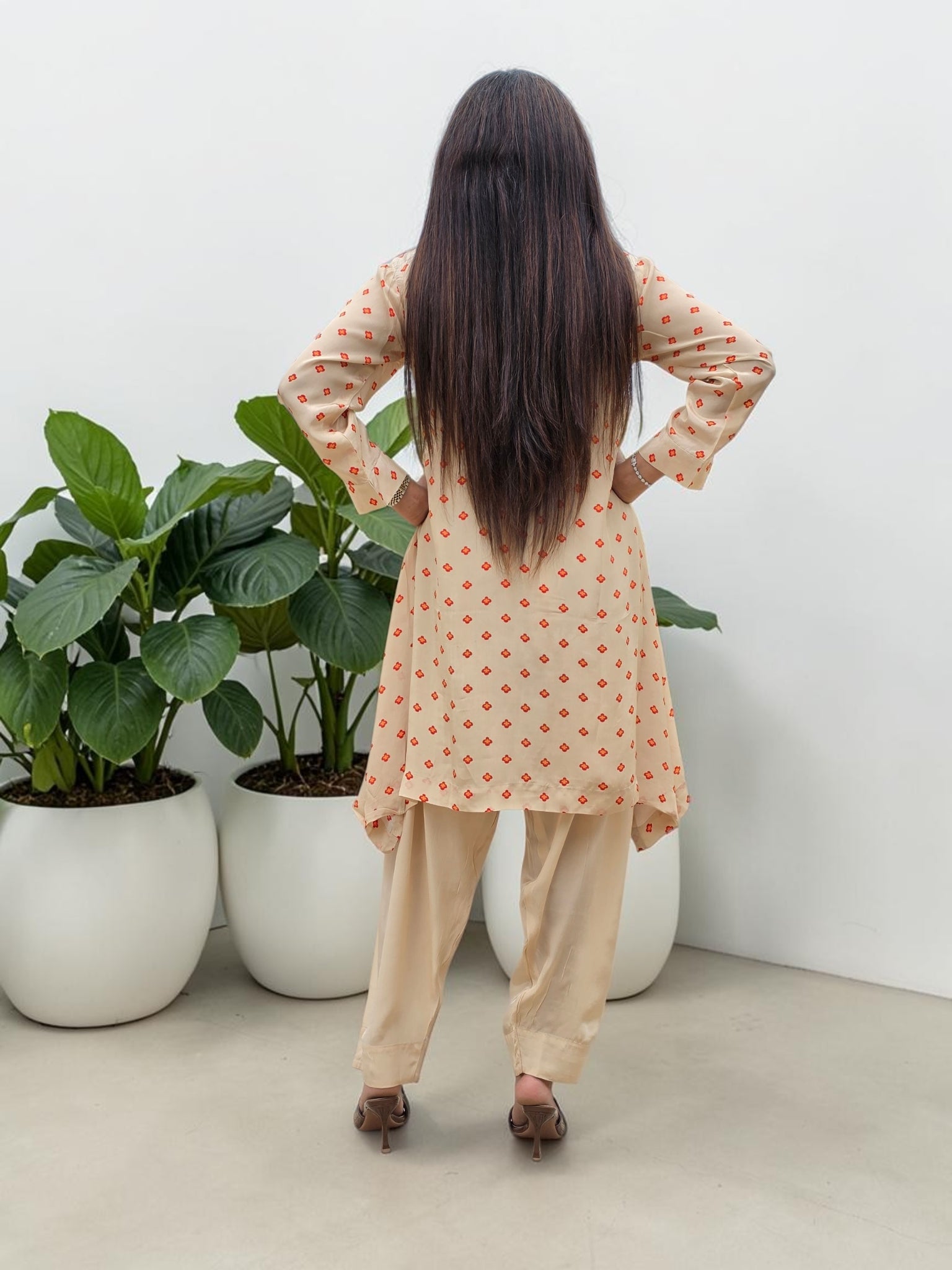 Champagne Micro-Floral Crepe Tunic & Farshi Salwar Set