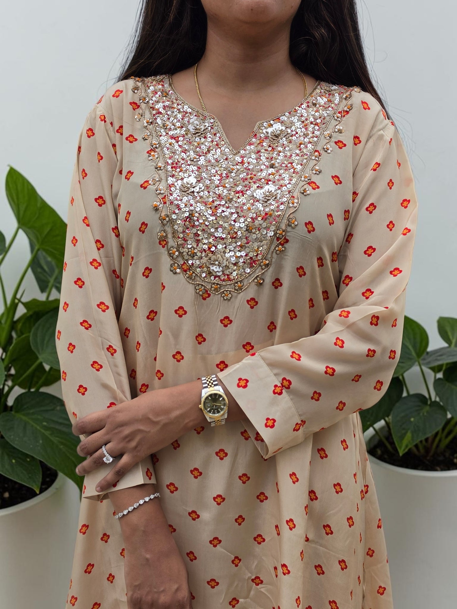 Champagne Micro-Floral Crepe Tunic & Farshi Salwar Set