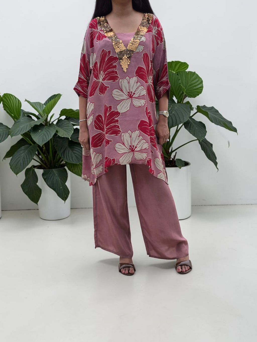 Mauve Floral Crepe Tunic & Palazzo Set