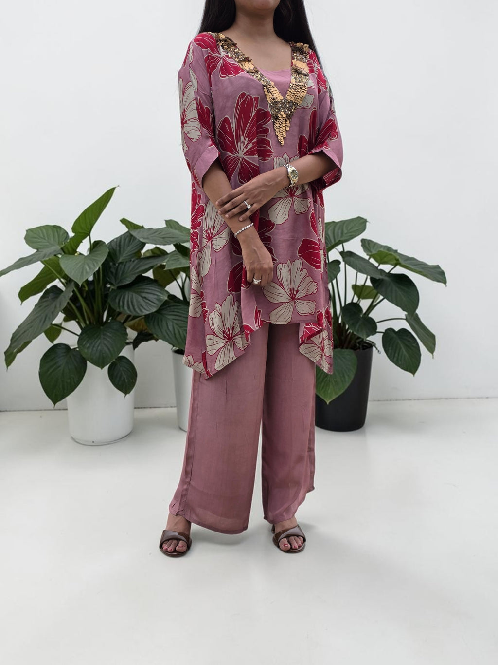 Mauve Floral Crepe Tunic & Palazzo Set