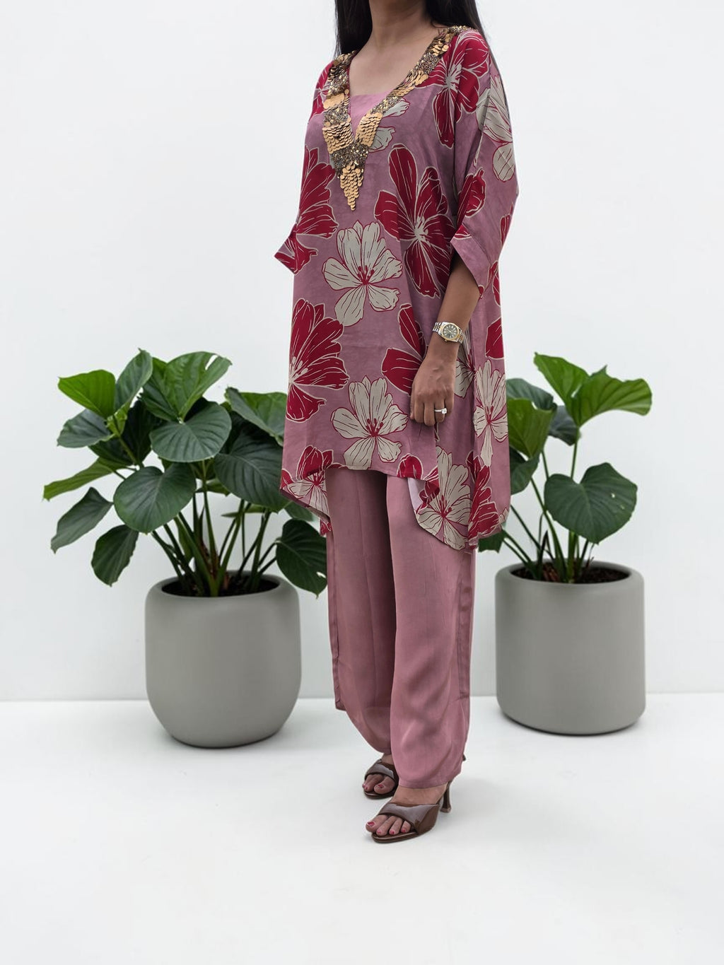 Mauve Floral Crepe Tunic & Palazzo Set