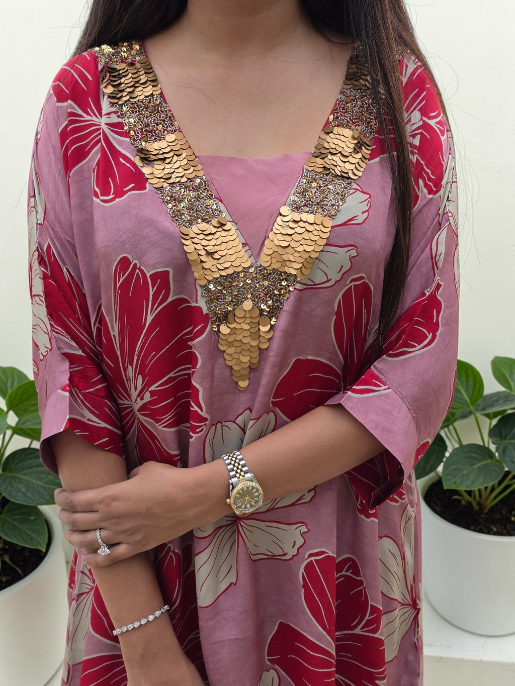 Mauve Floral Crepe Tunic & Palazzo Set