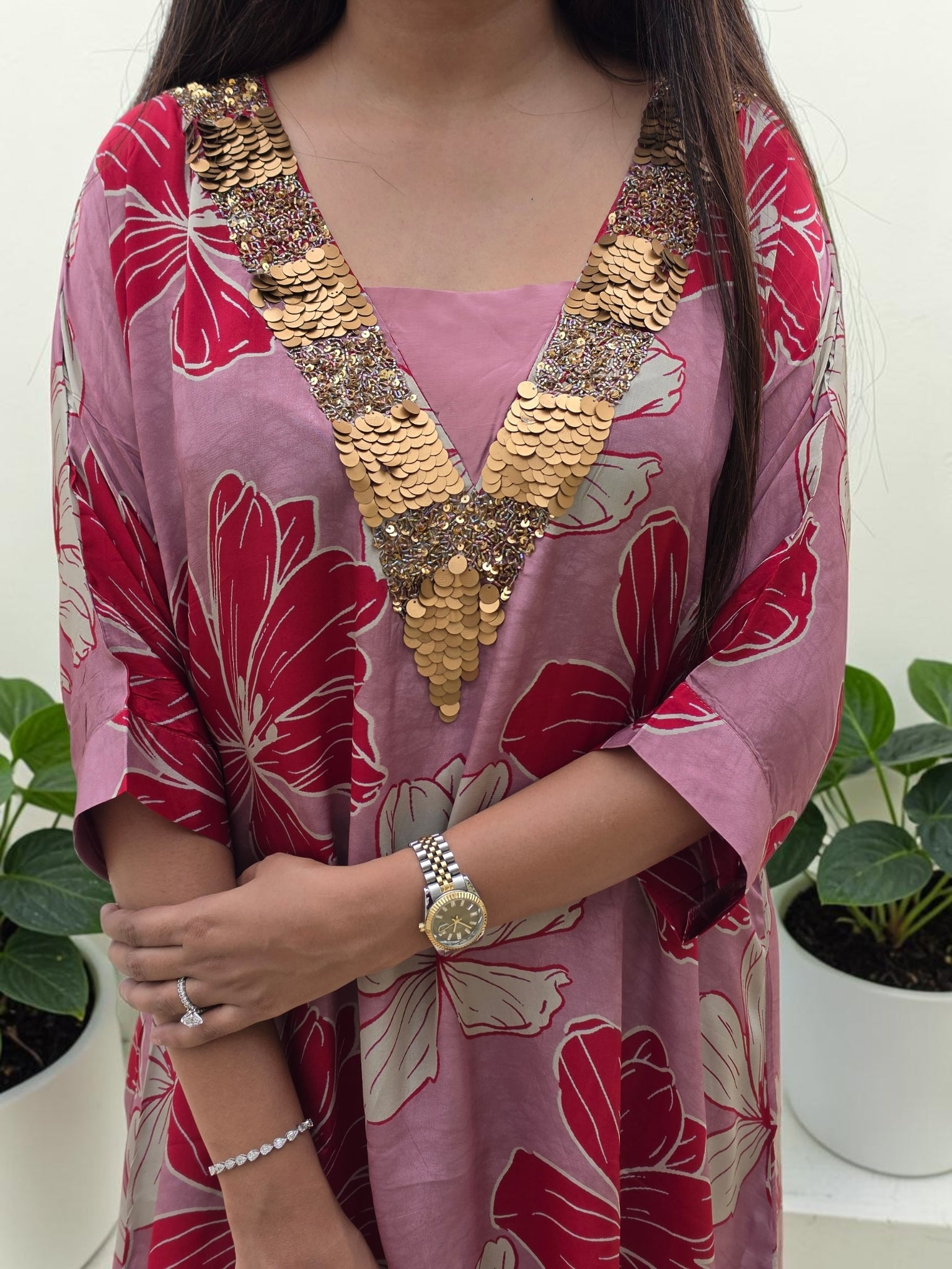 Mauve Floral Crepe Tunic & Palazzo Set