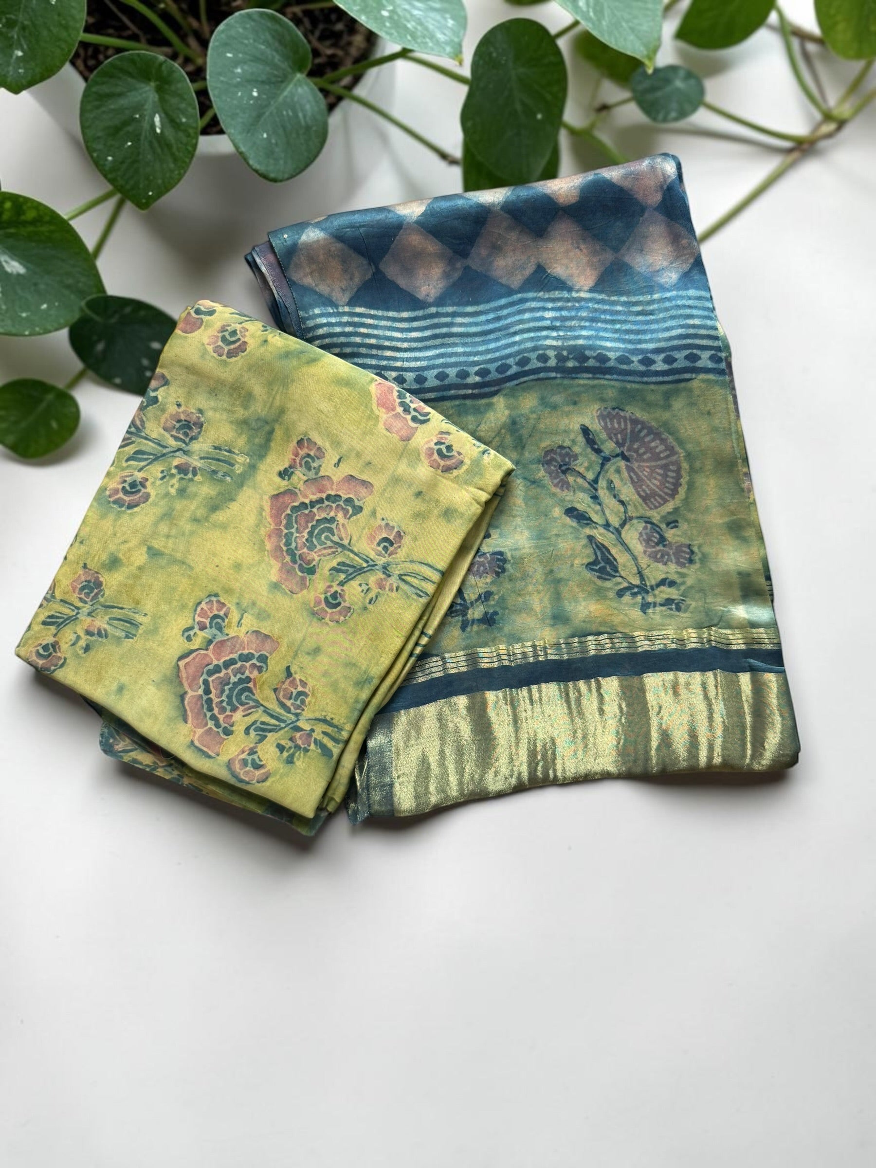 Floral Yellow Unstitched Tissue Silk Suit Set with Lakdi Patta Border