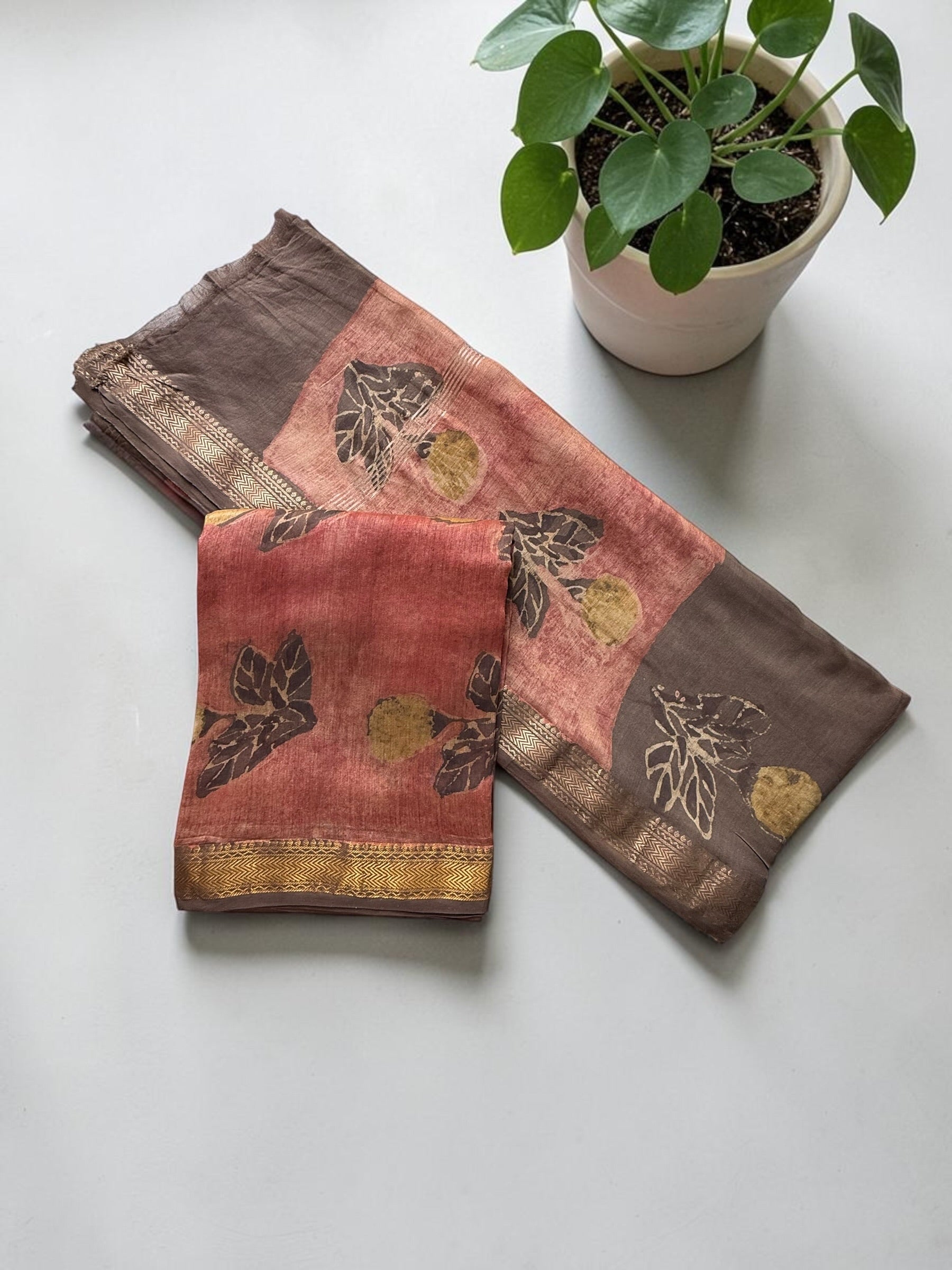Earthy Rust & Brown Ajrakh Unstitched Maheshwari Cotton Suit Set with Zari Border