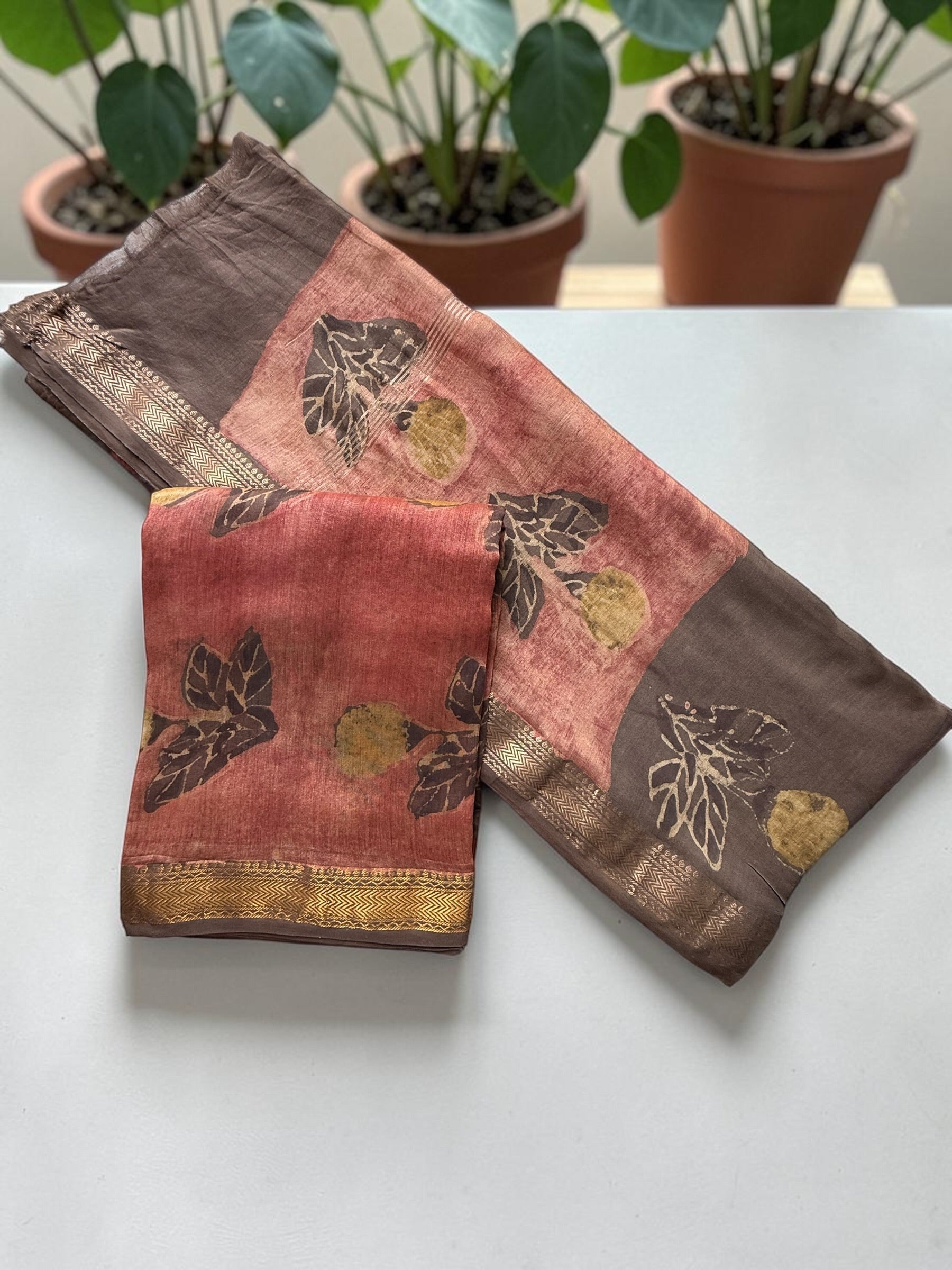Earthy Rust & Brown Ajrakh Unstitched Maheshwari Cotton Suit Set with Zari Border