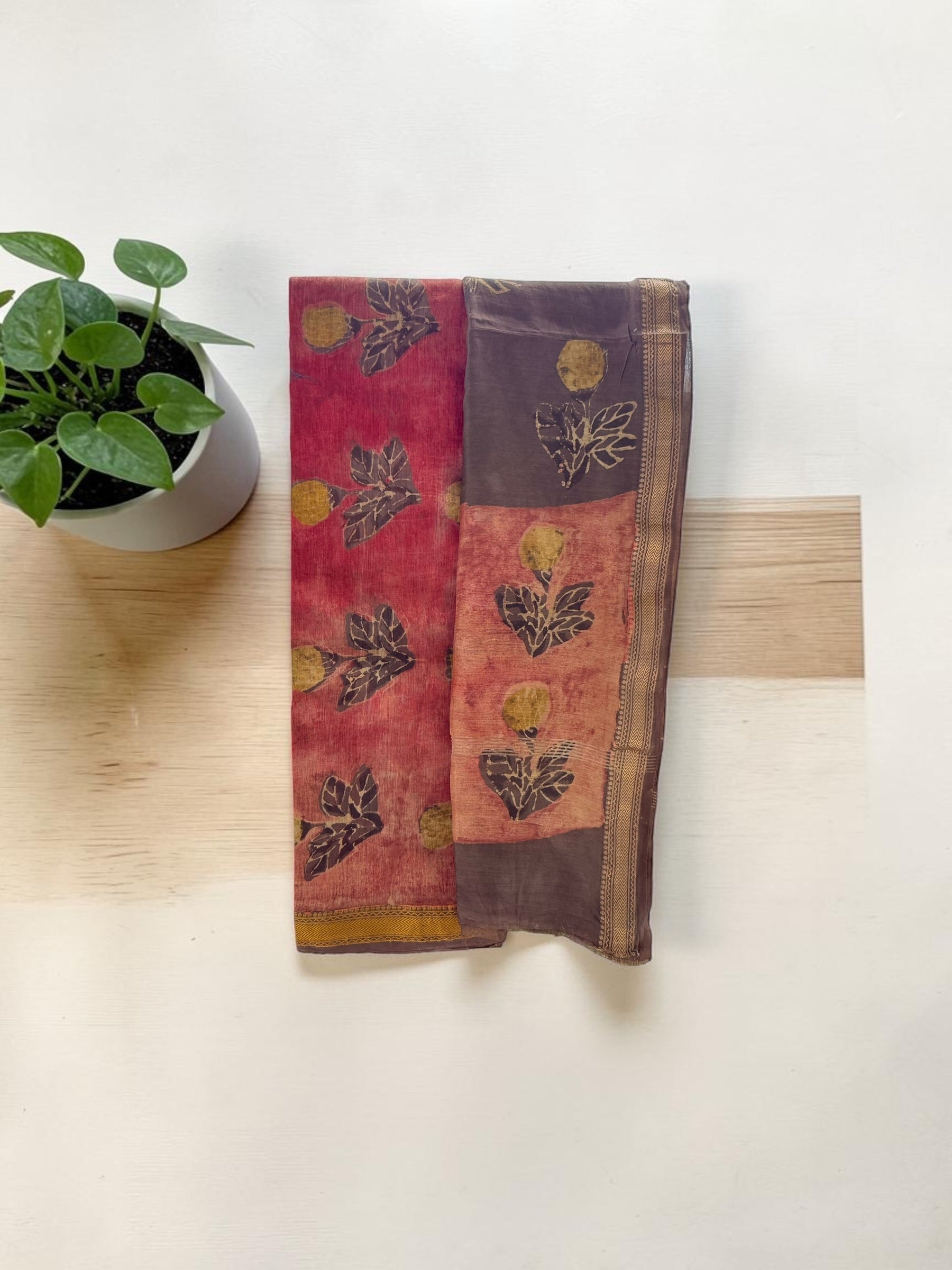 Earthy Rust & Brown Ajrakh Unstitched Maheshwari Cotton Suit Set with Zari Border