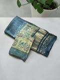 Luminous Teal & Chartreuse Ajrakh Unstitched Tissue Silk Suit Set with Lakdi Patta