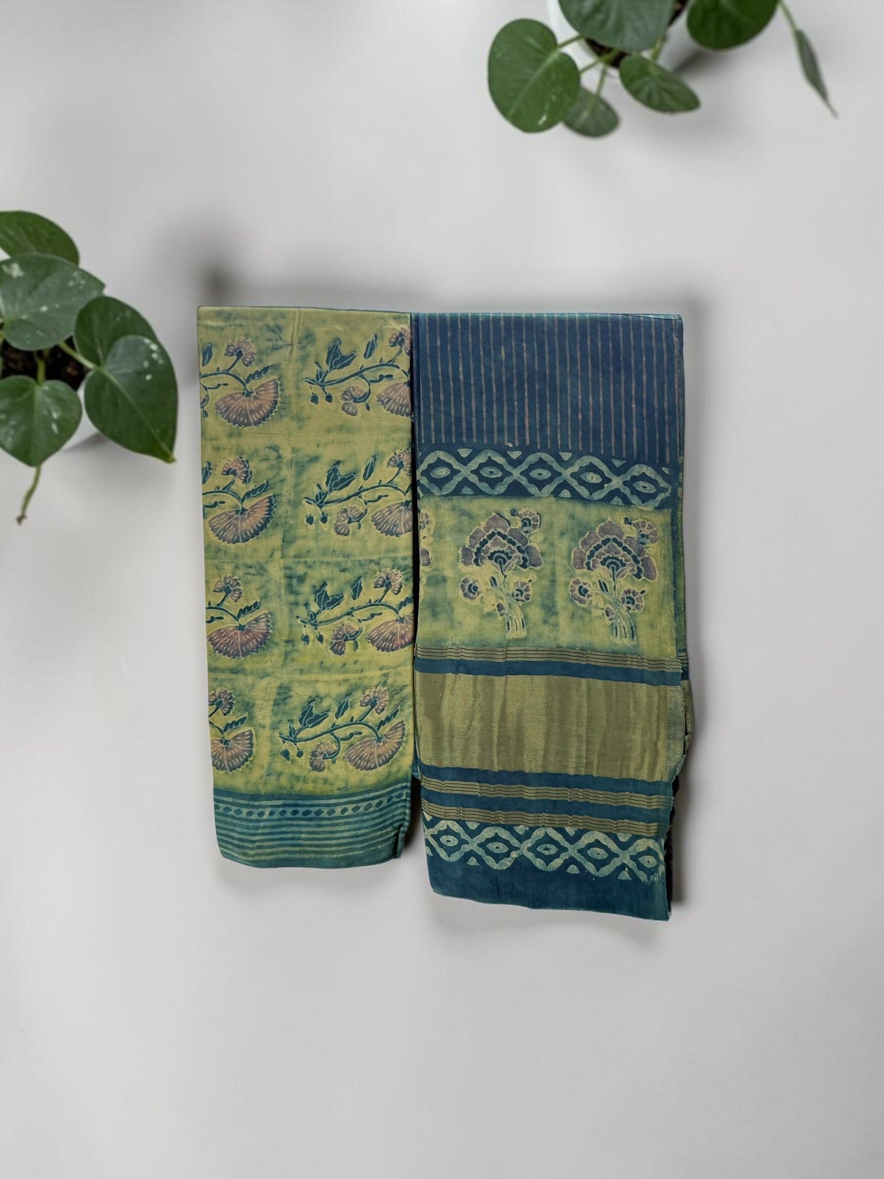 Luminous Teal & Chartreuse Ajrakh Unstitched Tissue Silk Suit Set with Lakdi Patta