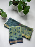 Earthy Olive & Indigo Ajrakh Unstitched Maheshwari Cotton Suit Set with Zari Border