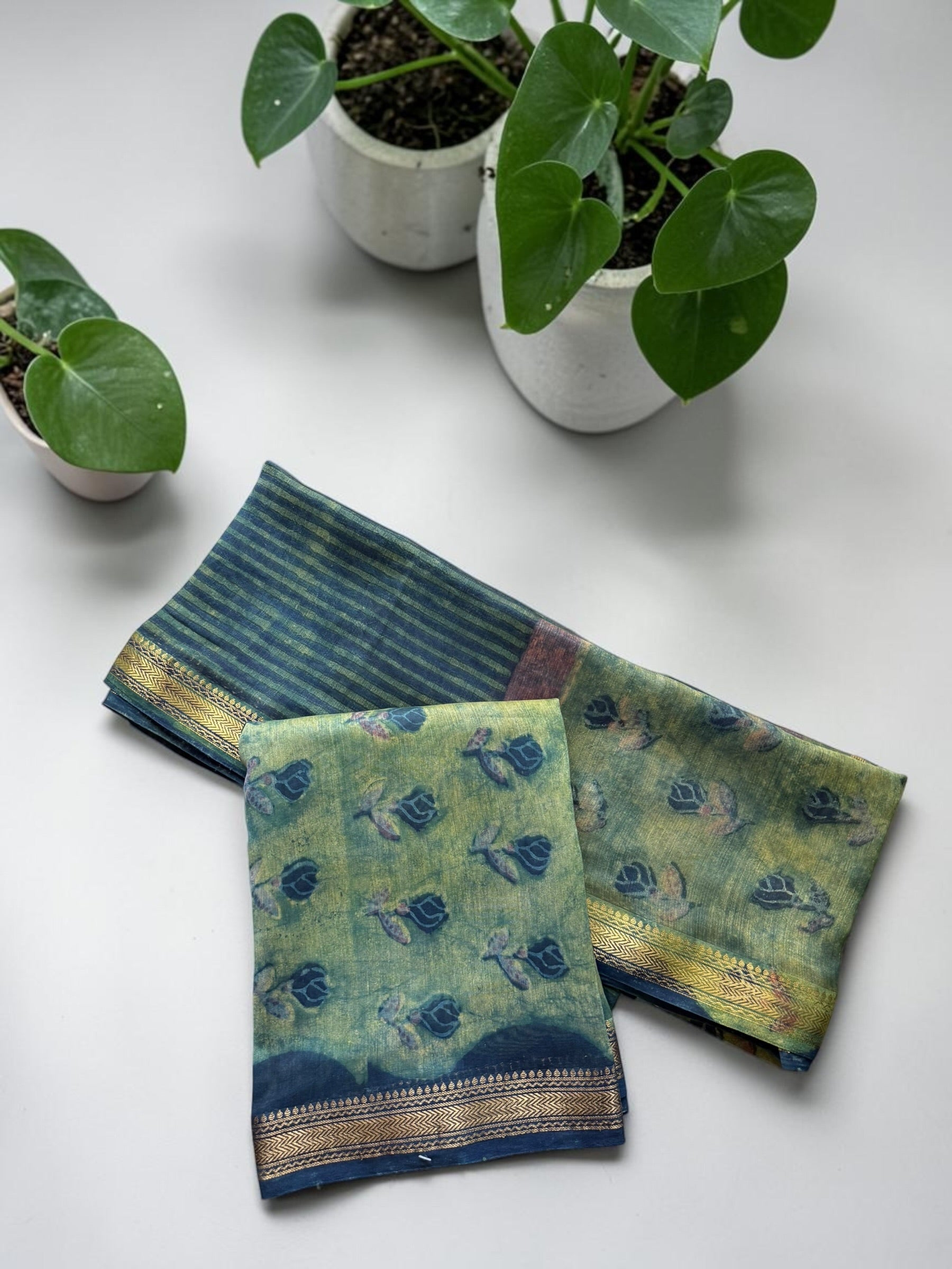 Earthy Olive & Indigo Ajrakh Unstitched Maheshwari Cotton Suit Set with Zari Border