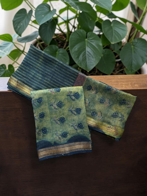 Earthy Olive & Indigo Ajrakh Maheshwari Cotton Suit Set with Zari Border