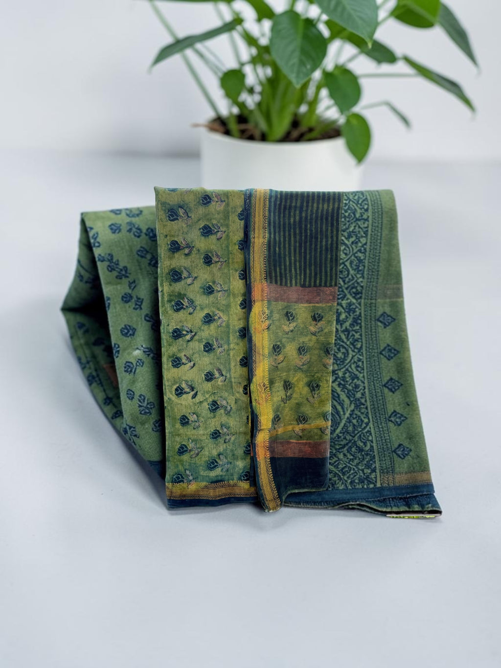 Earthy Olive & Indigo Ajrakh Unstitched Maheshwari Cotton Suit Set with Zari Border
