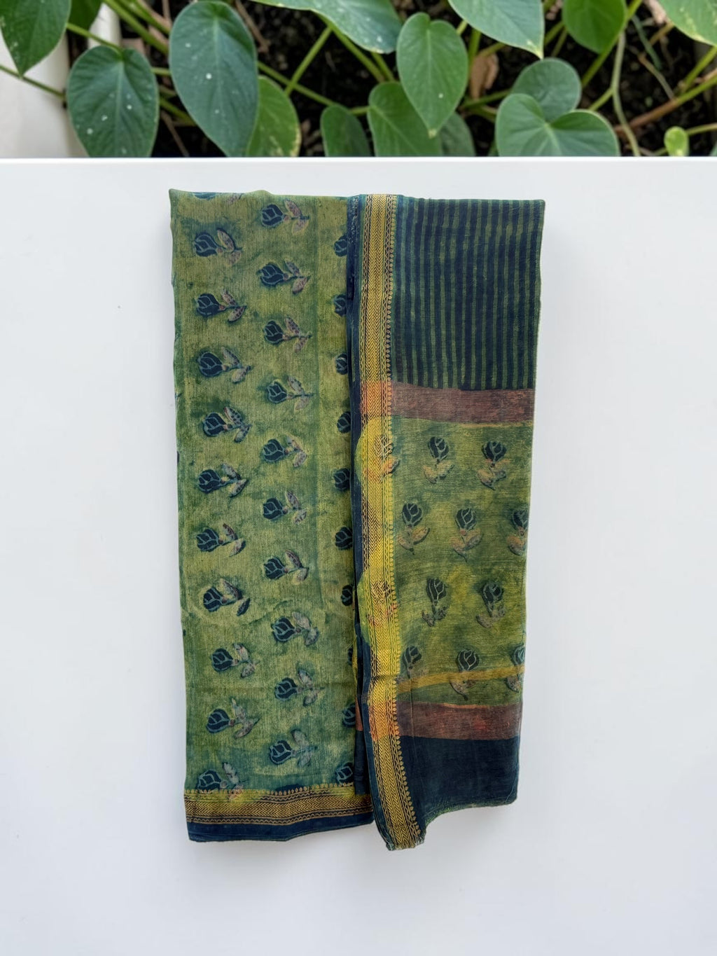 Earthy Olive & Indigo Ajrakh Unstitched Maheshwari Cotton Suit Set with Zari Border