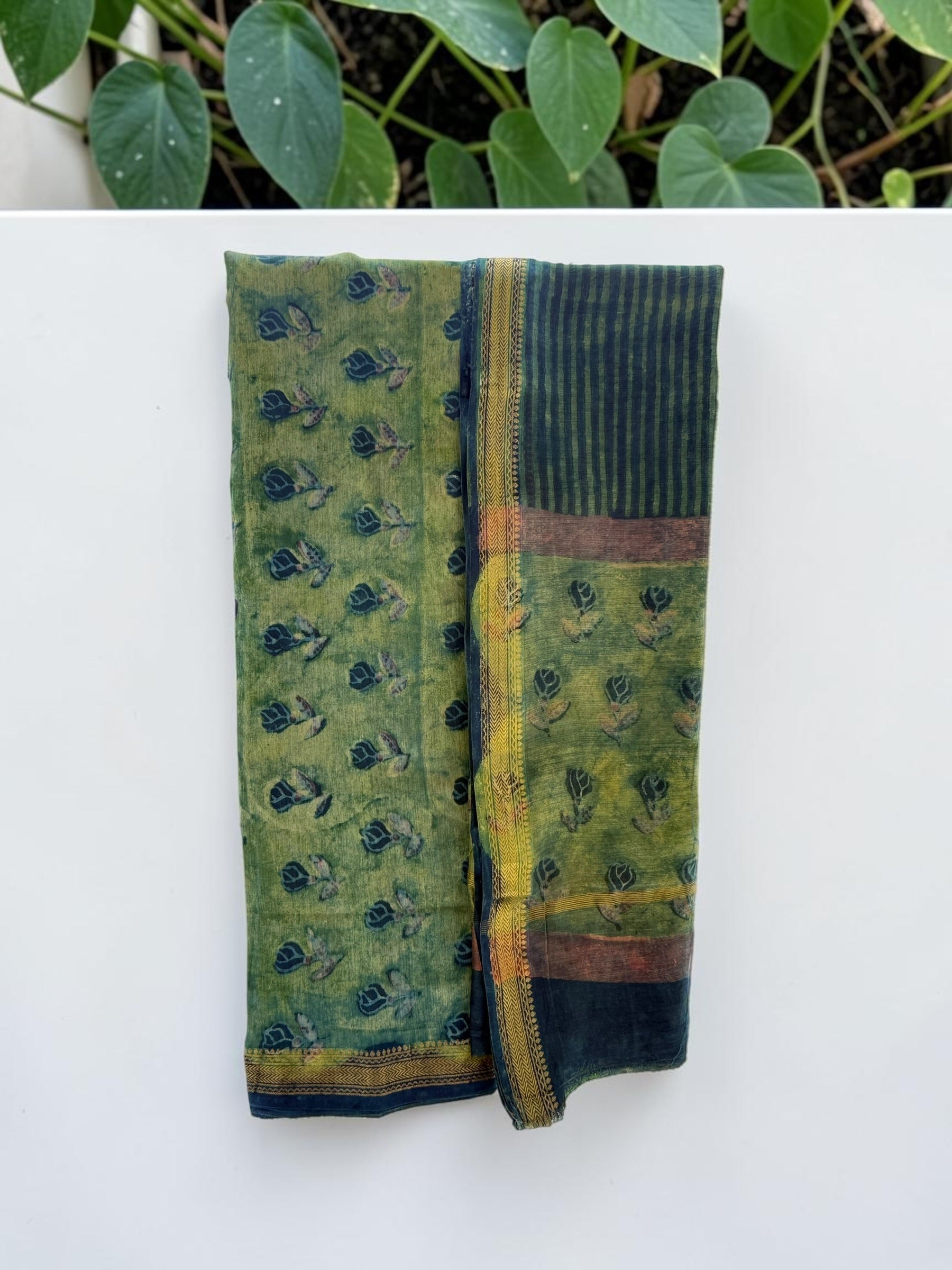 Earthy Olive & Indigo Ajrakh Unstitched Maheshwari Cotton Suit Set with Zari Border
