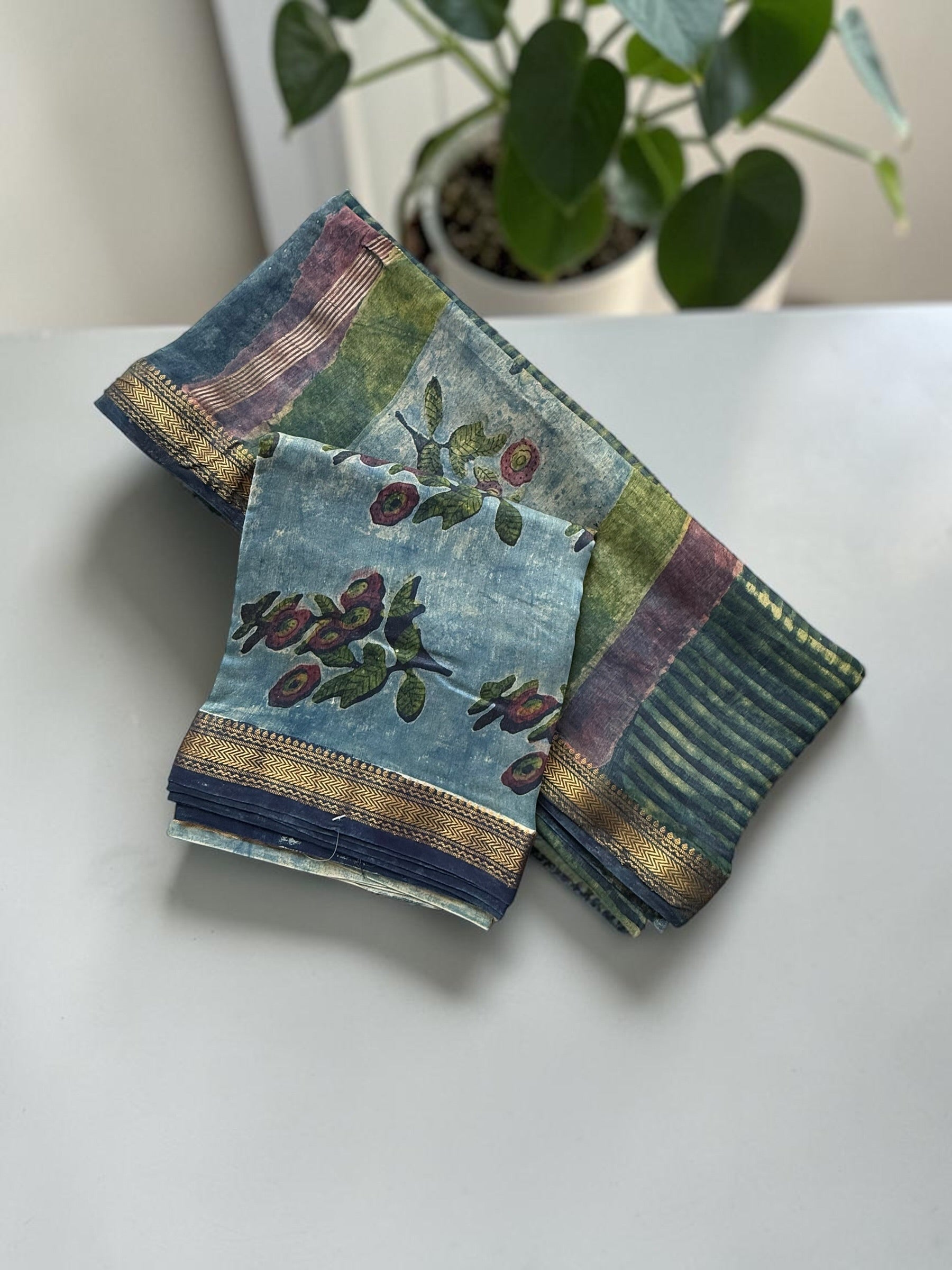 Sky Blue & Indigo Floral Ajrakh Maheshwari Cotton Suit Set with Zari Border