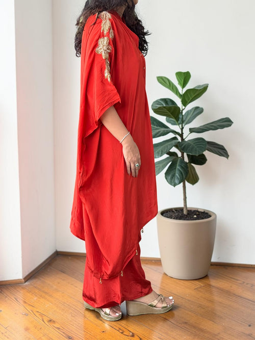Crimson Red Crepe Kaftan Set