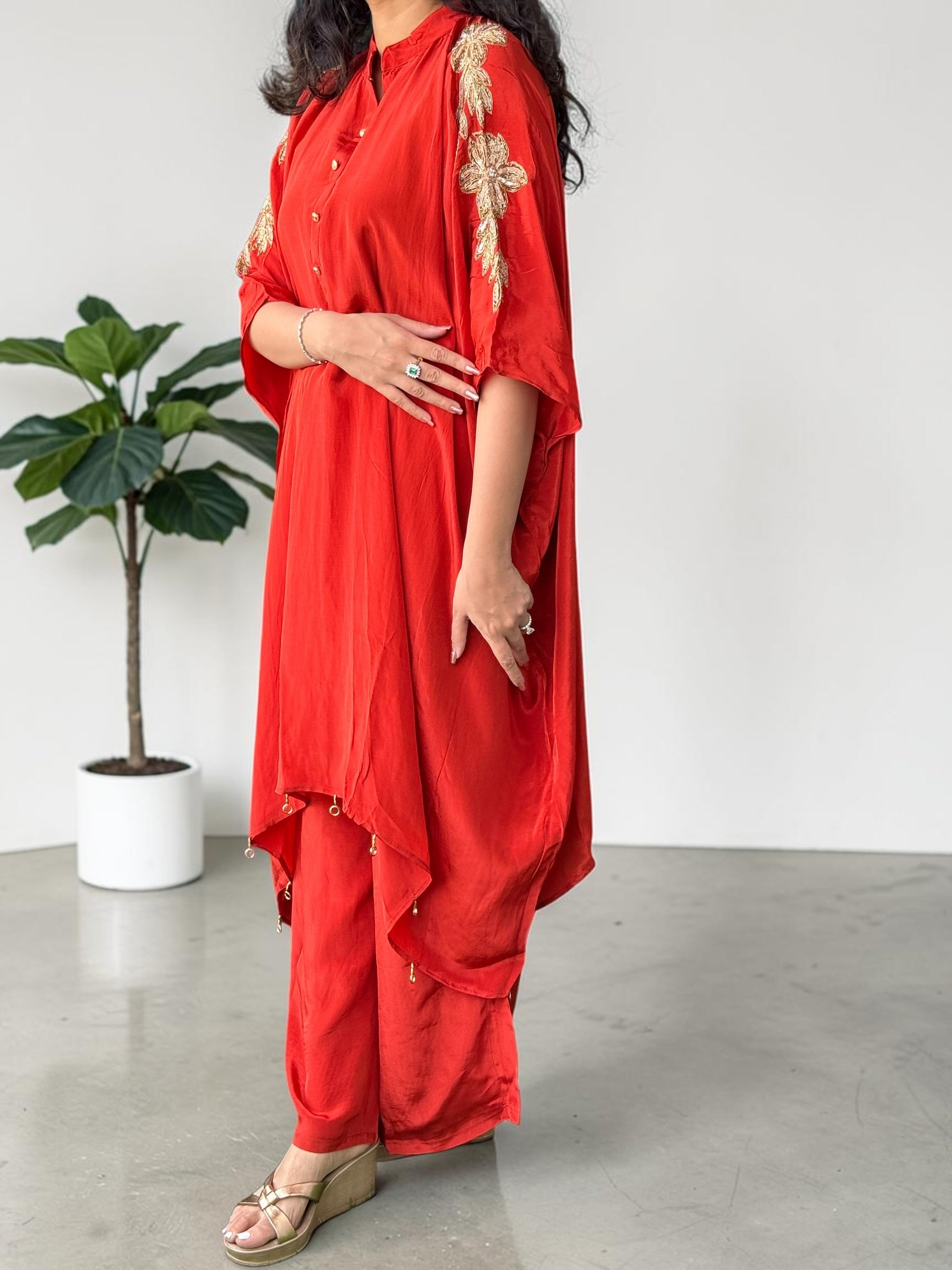 Crimson Red Crepe Kaftan Set