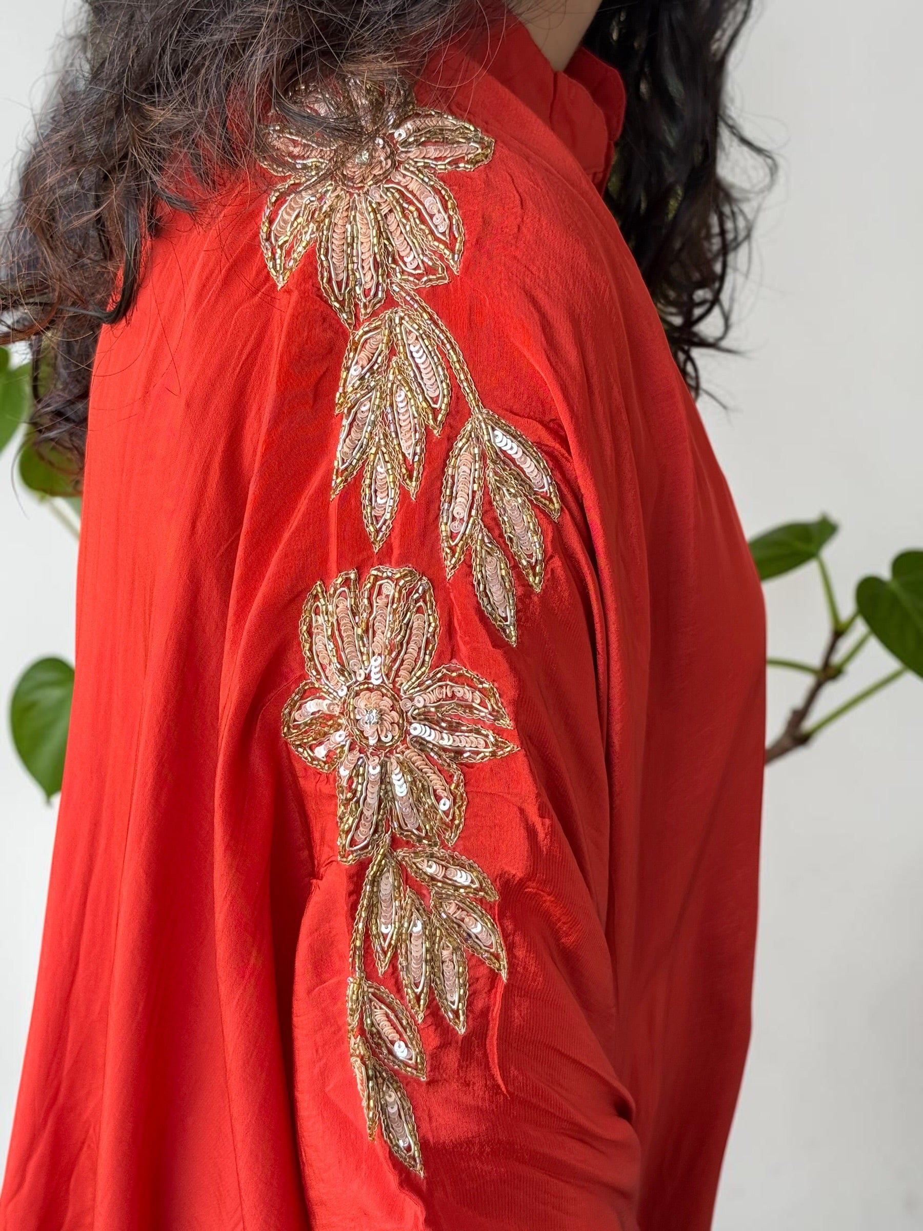 Crimson Red Crepe Kaftan Set