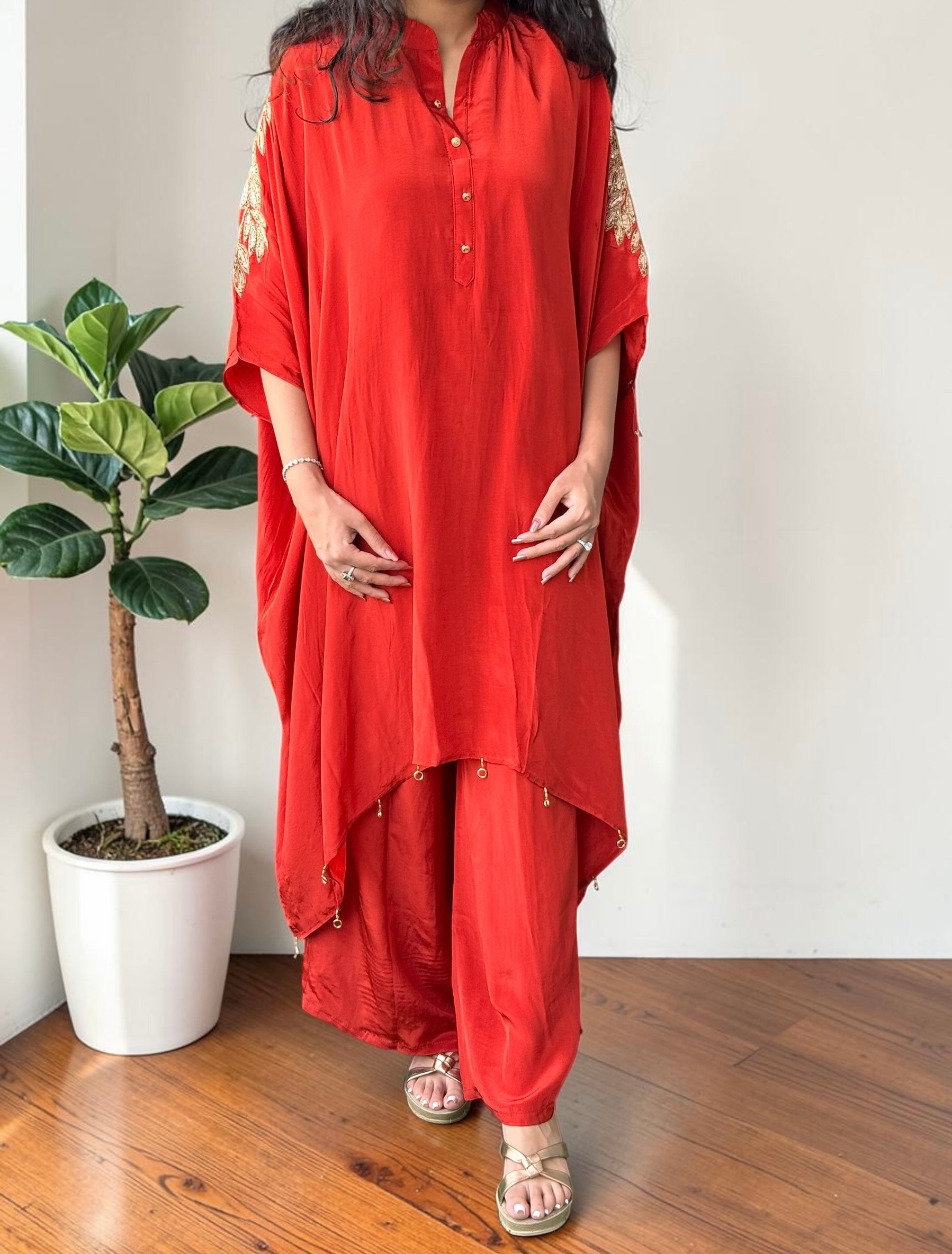 Crimson Red Crepe Kaftan Set