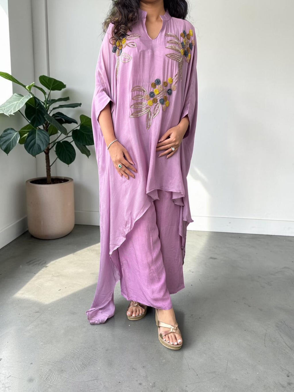 Lilac Hand-Embellished Chinon Kaftan Set