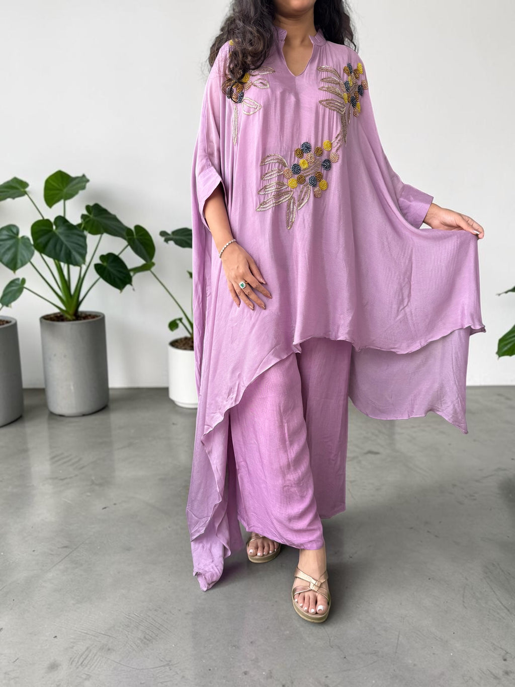 Lilac Hand-Embellished Chinon Kaftan Set